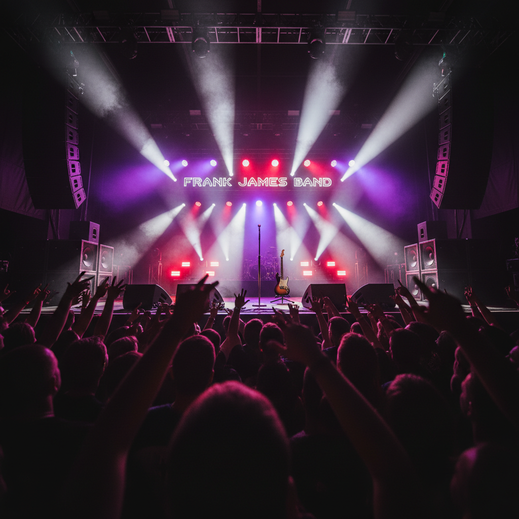 An energetic crowd perspective looking toward a brightly lit stage, with no performers visible. The foreground shows outstretched hands only as abstract silhouettes and blurred shapes, while the sharp focus is on towering speaker stacks, a row of rugged monitor wedges, and a bank of color-saturated stage lights. Beams of purple, red, and white slice through atmospheric haze, converging on an empty microphone stand and a guitar on a stand at center stage. Photographic realism, shot from a low angle within the audience, emphasizing the scale and power of the sound system. The atmosphere is electric and bold, communicating the collective energy of a rock show and the anticipation of the Frank James Band taking the stage.