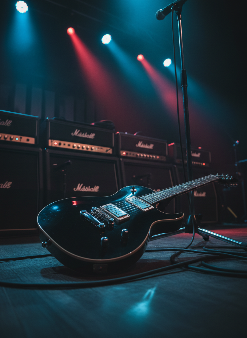 A sleek black electric guitar resting on a rugged, dark wooden stage floor, surrounded by coiled instrument cables and a gleaming chrome microphone stand. Behind it, towering amplifier stacks glow softly with illuminated dials and subtle red LEDs. Dramatic concert lighting from above casts hard-edged beams of deep blue and crimson, creating bold highlights along the guitar’s glossy body and metallic strings while leaving the back of the stage in moody shadow. Photographic realism, low-angle composition with shallow depth of field, emphasizing the guitar as the powerful centerpiece. The atmosphere feels loud and electric despite the absence of people, capturing the intensity and confidence of a rock performance moment just before the band explodes into sound.
