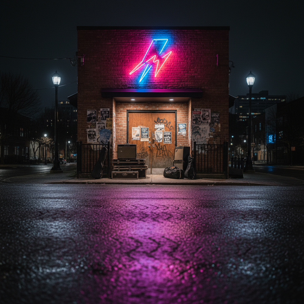 A moody night-time exterior of a small Montreal rock venue, its brick façade partially lit by a bold neon sign shaped as an abstract symbol instead of text. The entrance is framed by weathered posters and metal railings, while a row of instrument cases and amp heads are stacked near the door, hinting at a band loading in. Reflections from wet pavement mirror the neon glow in electric pinks and deep blues. Photographic realism, wide-angle shot from slightly below eye level, capturing the entire storefront with blurred city lights in the distance. Streetlamps and neon create high-contrast lighting with long, dramatic shadows, conveying anticipation, energy, and the raw edge of a night where loud rock music will spill out into the Montreal streets.