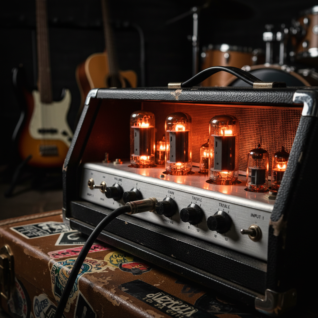 A close-up, cinematic shot of a vintage tube amplifier with glowing orange valves and a textured black tolex surface, knobs set to assertive levels. A coiled instrument cable plugs into the input, leading toward the edge of the frame where the corner of a worn, sticker-covered guitar case is just visible. In the background, blurred yet recognizable, stands an array of other instruments on racks, suggesting multi-instrument capability. Low, dramatic lighting from the side creates strong highlights on chrome parts and deep shadows in the amp’s crevices. Photographic realism, shallow depth of field focused tightly on the glowing tubes. The mood is bold and intense, capturing the raw power and warm tone at the heart of the band’s rock sound.