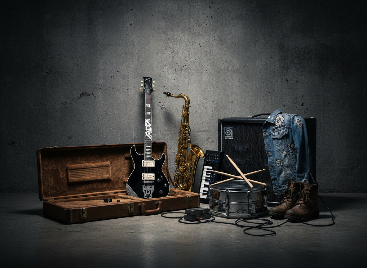 A confident rock band portrait represented entirely through their instruments and gear, arranged against a textured, dark concrete wall. A worn leather guitar case lies open, revealing a custom electric guitar; beside it, a polished brass saxophone, a compact MIDI keyboard, and a set of drumsticks crossed on a snare drum highlight multi-instrument versatility. A pair of rugged stage boots and a distressed denim jacket draped over an amp suggest personality without showing any person. Cool, directional studio lighting from the left creates striking contrast and strong shadows, emphasizing textures of metal, leather, and wood. Photographic realism, centered composition with a shallow depth of field that keeps the gear sharp while subtly blurring the industrial background, evoking a bold, modern rock identity rooted in Montreal’s urban grit.