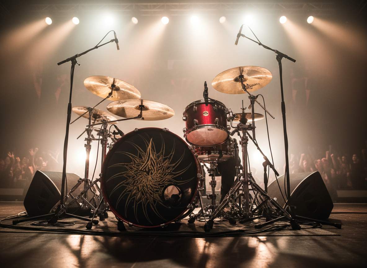 A powerful performance scene centered on a drum kit lit by intense stage lights. The drum shells are deep red with a glossy finish, cymbals show detailed hammer marks, and a kick drum emblazoned with an abstract, non-text logo design dominates the foreground. Around the kit, empty microphone stands and monitor wedges hint at a full band presence. Brilliant spotlights in white and amber slice through a light haze, creating dramatic beams and a halo effect around the drums. Photographic realism, low-angle, slightly off-center composition that suggests motion and volume without showing any players. The mood is explosive and bold, with blurred outlines of a packed venue and raised arms implied only as abstract shapes and shadows in the distant background.