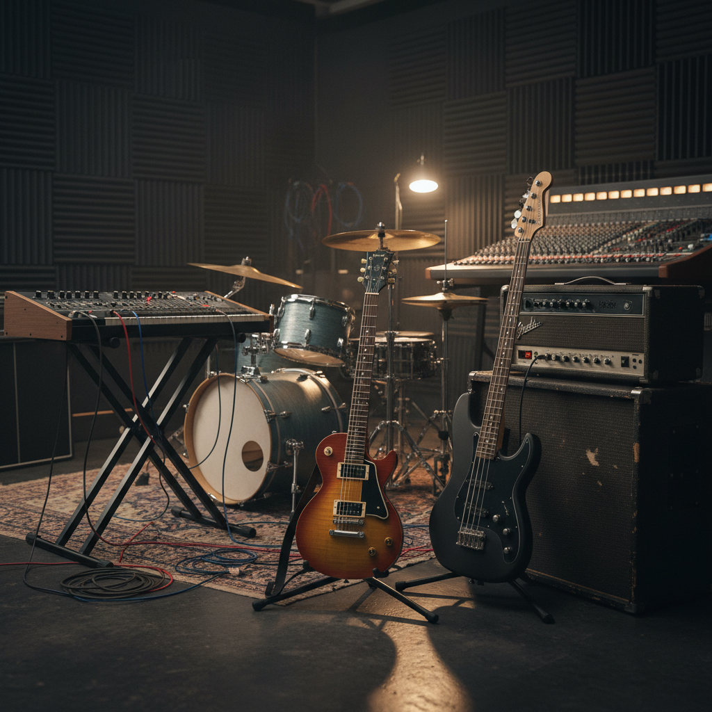 A meticulously arranged studio setup featuring a collection of rock instruments: a sunburst electric guitar on a stand, a matte black bass leaning against a well-worn tube amp, and a compact drum kit with gleaming chrome hardware. A vintage keyboard rests on a sturdy stand with patch cables snaking across a patterned rug. Acoustic foam panels line the dimly lit walls, and a large mixing console with glowing meters anchors the background. Soft, warm studio lighting from overhead and a side lamp create gentle reflections on metal surfaces and textured shadows on the instruments. Photographic realism, shot from an eye-level perspective with moderate depth of field, conveying an intimate, behind-the-scenes creative space where bold rock songs are crafted.