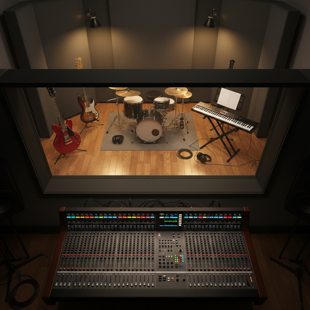 A dynamic overhead view of a recording session in progress, shown without musicians. A large mixing desk fills the lower frame, its faders and knobs carefully adjusted, colorful LED meters pulsing. Beyond a glass window, a live room holds an arrangement of instruments: a hollow-body electric guitar on a stand, a bass on a rack, a compact drum kit, and a keyboard surrounded by headphones and coiled cables. Soft, focused studio lights above each instrument create pools of warm illumination in an otherwise dim environment. Photographic realism, top-down angle emphasizing order and intentionality. The scene feels intensely creative and professional, radiating the bold confidence of a multi-instrumentalist shaping a rock track layer by layer.