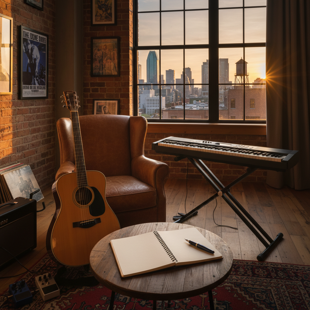 A richly detailed shot of a songwriting corner in a cozy, urban Montreal loft. A natural-wood acoustic guitar with worn frets leans against a vintage armchair, while a compact keyboard rests on a minimalist metal stand. A notebook lies open on a small coffee table, its pages blank and ready, with a pen beside it. A large window reveals a distant city skyline of indistinct high-rises and rooftop water towers. Golden hour sunlight washes in, casting warm, diagonal streaks of light and long shadows across exposed brick walls and hardwood floors. Photographic realism, eye-level composition with moderate depth of field, evoking a reflective yet bold creative space where a multi-instrumentalist singer-songwriter shapes intimate rock melodies.